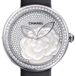 Chanel Mademoiselle Prive Camelia Watch 37.5mm White Gold MOP Diamonds H4319