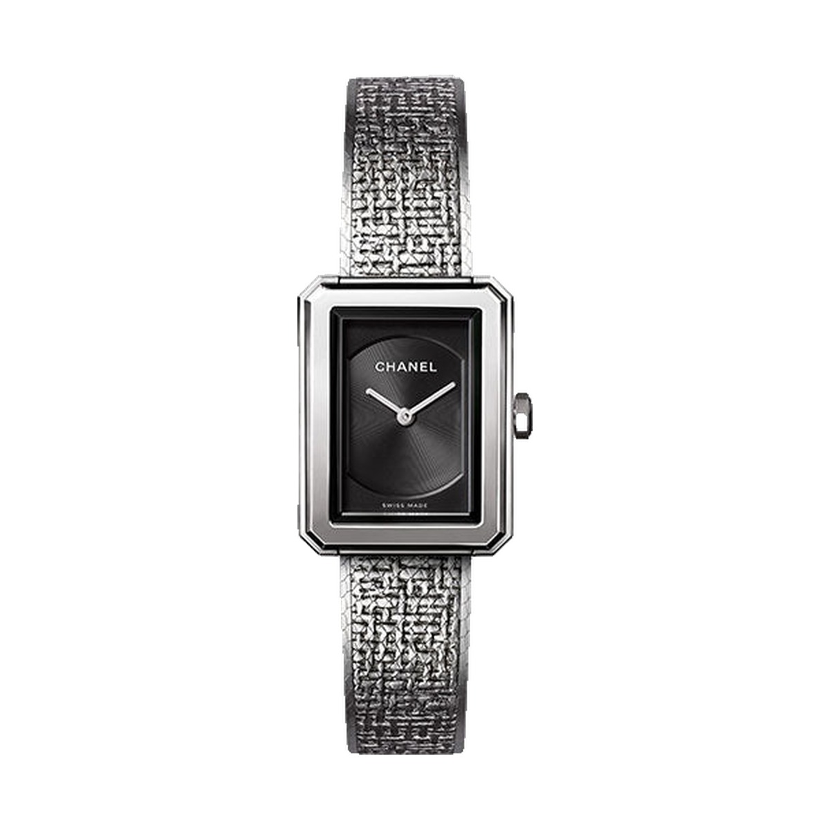 Chanel BOYFRIEND TWEED Quartz Small Steel Black Guilloche Dial Tweed Bracelet H4876