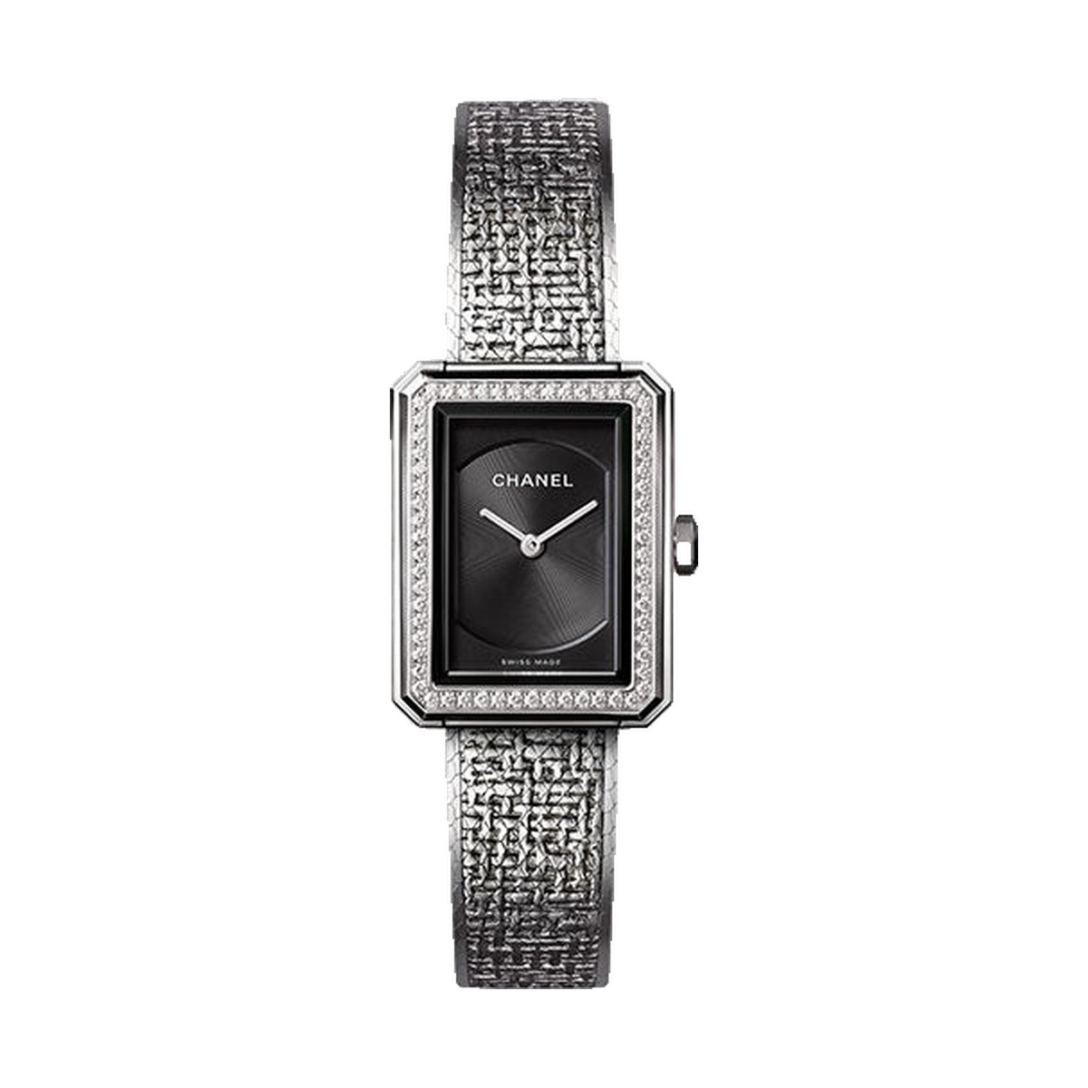 Chanel BOYFRIEND Tweed Quartz Small Steel Diamond Bezel Black Guilloche Dial H4877