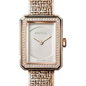 Chanel BOYFRIEND TWEED Quartz Small Beige Gold Diamond Bezel Opaline Bracelet H4881