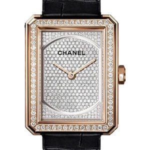 Chanel BOYFRIEND Quartz Medium Beige Gold Diamond Bezel Black Strap H6593