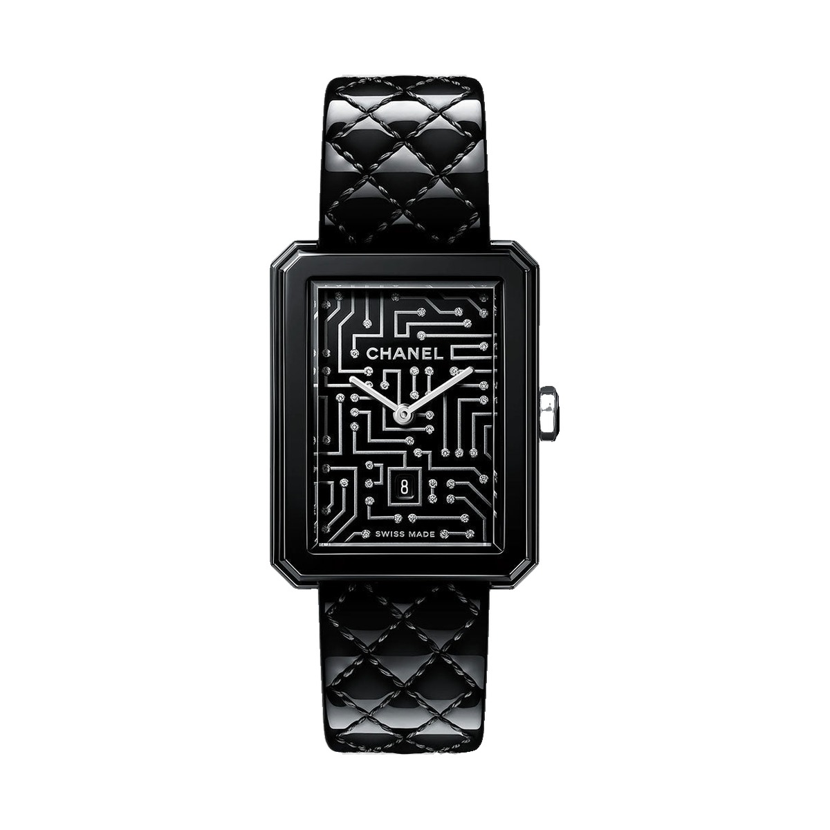Chanel BOYFRIEND Cyberdata Quartz Medium Steel Black Diamond Dial Patent Strap H7946