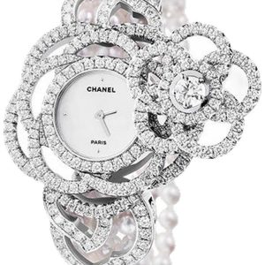 Chanel Camelia Jewelry Secret Watch Embroidered Camellia Pearls Large J10576