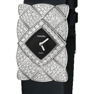 Chanel Coco Crush Jewelry Quartz Watch Quilted Motif White Gold Black Satin J11350