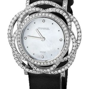 Chanel Camelia Jewelry Watch Embroidered Camellia Motif White Gold Black Satin J4281