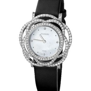 Alternative view of Chanel Camelia Jewelry Watch Embroidered Camellia Motif White Gold Black Satin J4281
